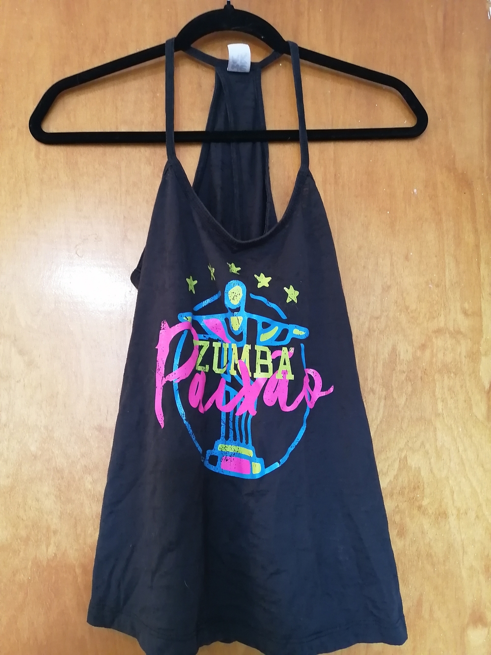 Zumba Fitness Black Tank with open back. pink,blue and green logo . medium